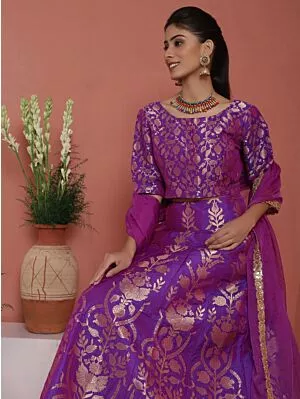 Purple Gold Brocade Lehenga Choli With Organza Dupatta Set