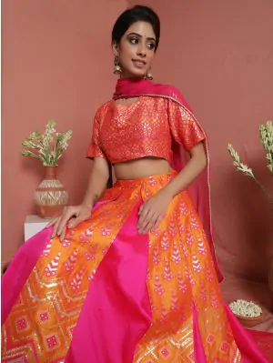 Pink & Orange Brocade Zari Work Lehenga Choli With Dupatta Set