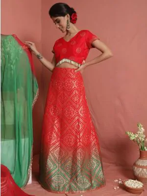 Red & Green Bandhani Woven Design Lehenga Choli With Tie & Dye Dupatta