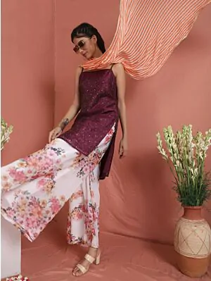 Purple & White Gold Floral Printed Kurta & Sharara With Dupatta Set