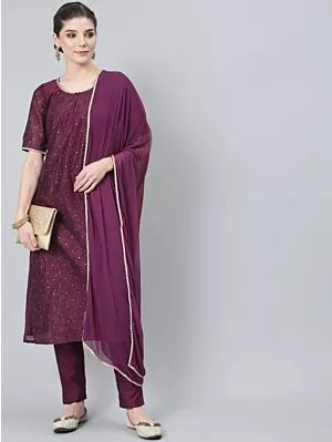 Purple Gold Printed Kurta Pant With Dupatta Set