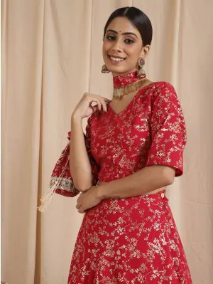 Red Gold Floral Printed Lehenga Choli With Potali Bag With Necklace