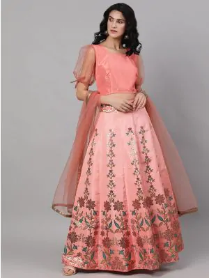 Peach Jacquard Gold Zari Work Lehenga Choli With Organza Dupatta Set