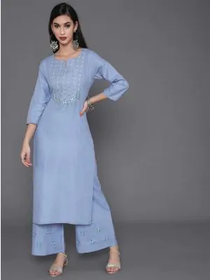 Blue Embroidered Straight Kurta With Palazzo Set
