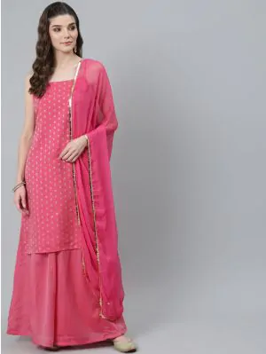 Pink Gold Zari Work Woven Design Kurta & Flared Palazzo With Dupatta