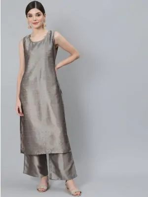 Grey Dobby Woven Design Kurta With Palazzo Set