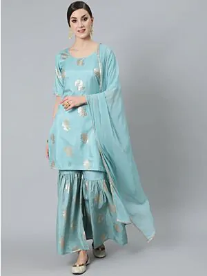 Blue Gold Foil Printed Straight Kurta With Sharara With Dupatta Set