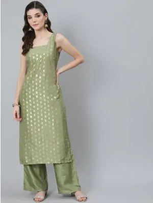 Green Gold Foil Printed Straight Kurta With Palazzo Set