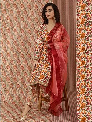 Multicolor Floral Printed Kurta Set With Embroidered Dupatta Set