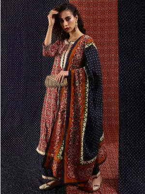 Maroon & Navy Blue Patola Printed Lace Work Kurta Set With Dupatta Set