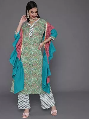 Green & Pink Floral Printed Kurta & Palazzo With Ruffle Dupatta