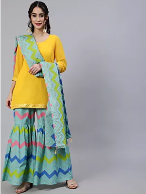 Yellow Leheriya Print Kurta Sharara With Dupatta