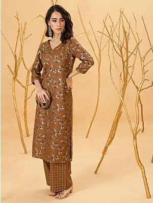 Brown Gold Floral Printed Kurta With Palazzo Set