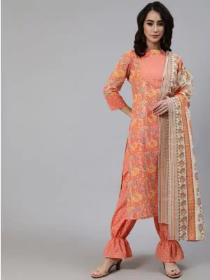 Peach & Yellow Floral Printed Straight Kurta & Balloo Pant With Dupatta Set