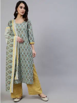 Light Green & Yellow Printed Straight Kurta & Palazzo With Dupatta Set