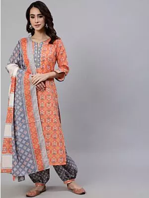Orange & Grey Printed Straight Kurta & Balloon Palazzo With Dupatta Set