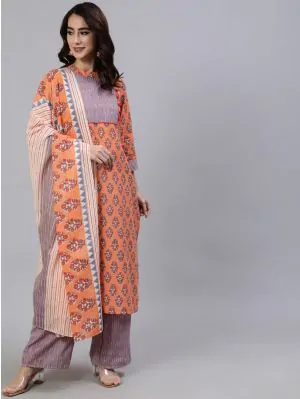 Orange & Grey Printed Straight Kurta & Palazzo With Dupatta Set