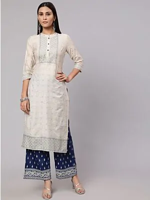 Cream & Blue Gold Placement Printed Straight Kurta With Palazzo Set