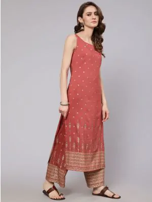 Rust Red Placement Printed Straight Kurta With Palazzo Set