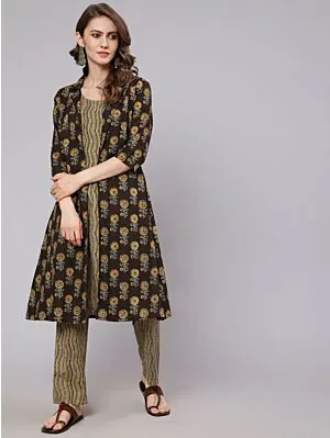 Olive & Grey Printed Kurta & Pant With Jacket Set