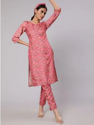 Pink Floral Printed Straight Kurta With Pant Set