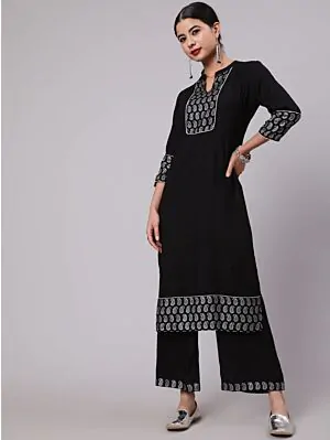Black Sliver Printed Straight Kurta With Palazzo Set