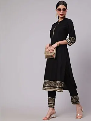 Black Gold Printed Straight Kurta With Pant Set
