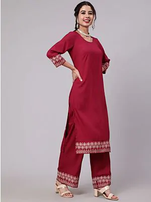 Magenta Solid Straight Kurta & Palazzo Set With Printed Border Details