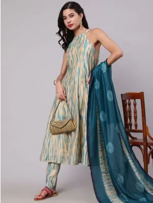 Cream & Blue Shibori Printed Anarkali & Pant With Dupatta Set