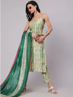 Cream & Green Shibori Printed Straight Kurta & Pant With Dupatta Set