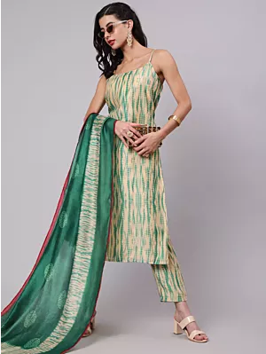 Cream Shibori Print Kurta Pant With Dupatta