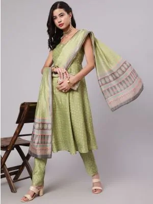 Light Green Printed Anarkali & Pant With Dupatta Set