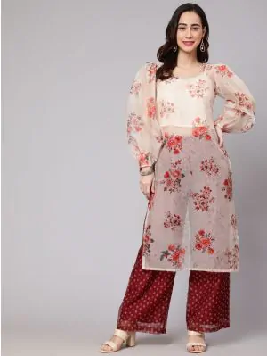 Maroon & Cream Floral Printed Straight Kurta With Palazzo Set