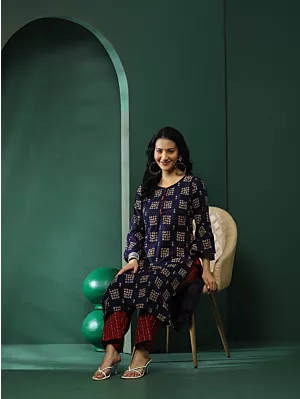 Navy Blue & Maroon Floral Print Kurta With Palazzo