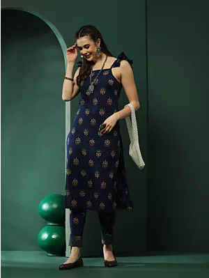 Navy Blue Floral Print Kurta With Pant