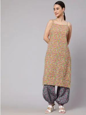 Mustard Floral Printed Straight Kurta And Short Back With Balloon Pant Set