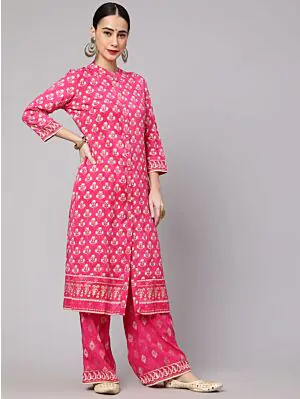 Pink Gold Printed Straight Kurta With Palazzo Set