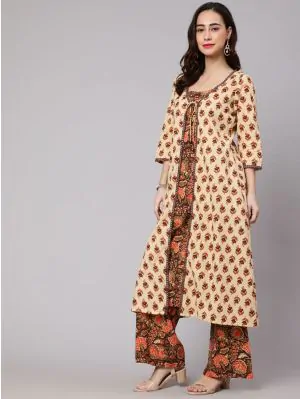 Brown & Orange Floral Printed Leyared A-Line Kurta With Palazzo Set