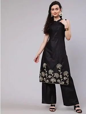 Black Gota Embroidered Straight Kurta With Palazzo Set