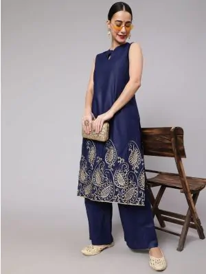 Navy Blue Gota Embroidered Straight Kurta With Palazzo Set