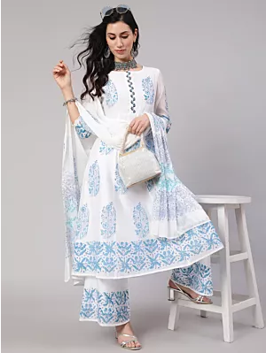 White & Blue Block Print Anarkali Palazzo With Dupatta