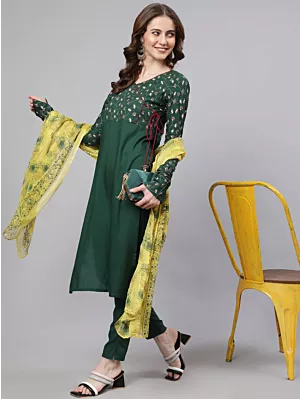 Green Printed Kurta Pant With Dupatta
