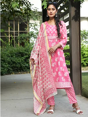 Pink Floral Print Kurta Pant With Dupatta