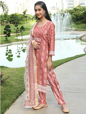 Mauve Floral Print Kurta Pant With Dupatta