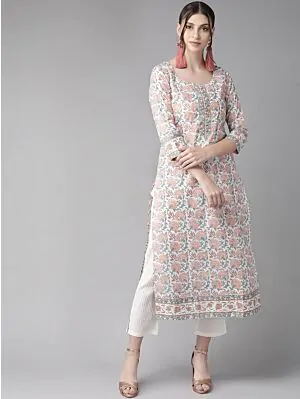 Women White & Rust Red Printed Straight Kurta