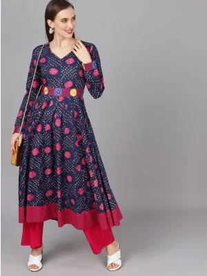 Navy Blue Magenta Bandhani Printed Anarkali