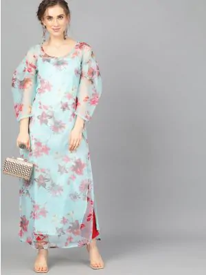 Turquoise Blue Organza Floral Printed Long Kurta