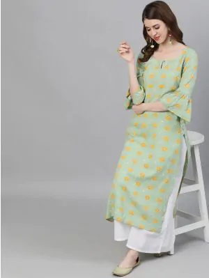 Green & Yellow Floral Printed Straight Kurta