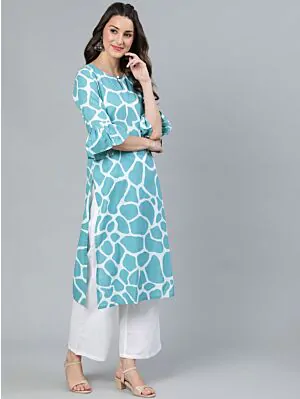 Blue Animal Printed Straight Kurta