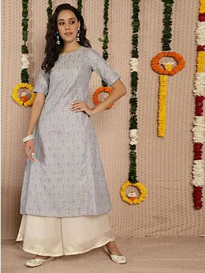 Grey & Blue Brocade Woven Design A-Line Kurta